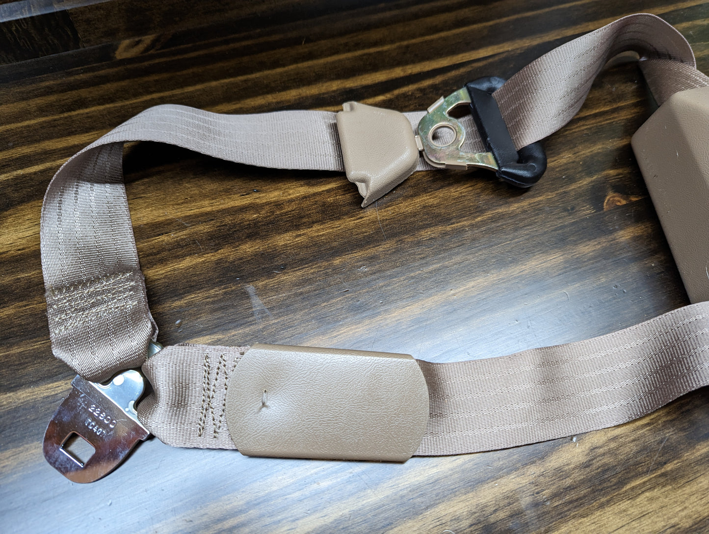 NOS Passenger Seat Belt Retractor & Buckle in Tan for 1982 - 1993 Chevy S10, GMC S15