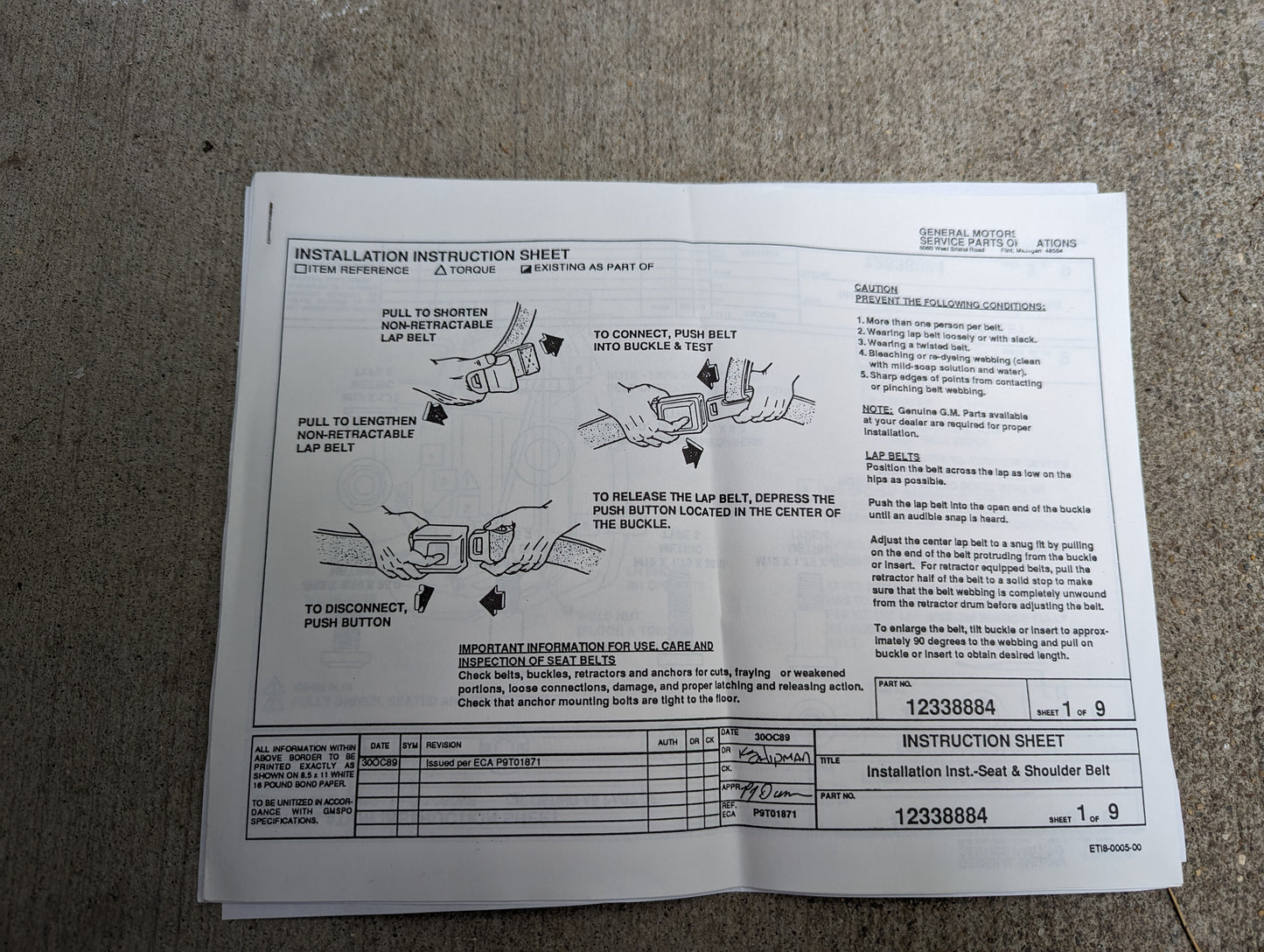 A printed instruction sheet for the NOS Passenger Seat Belt Retractor & Buckle in Gray (1982-1993 Chevy S10, GMC S15) by General Motors features part numbers, safety cautions, and labeled diagrams on installation and use.