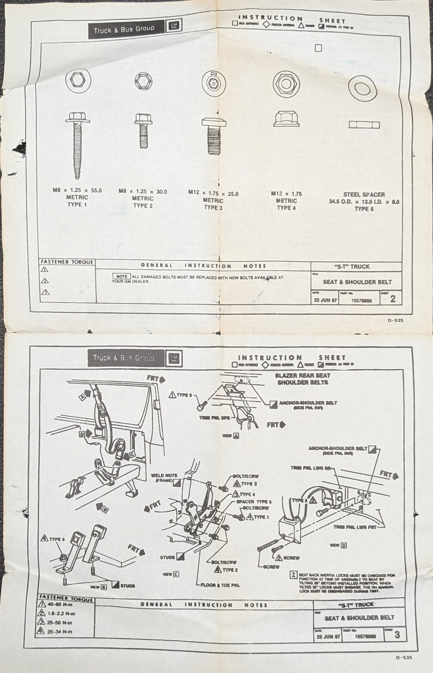 Instruction sheet with diagrams for installing the General Motors NOS Driver Seat Belt Retractor & Buckle in Blue on 1982-1993 Chevy S10 or GMC S15. Covers bolts, spacers, assembly steps, torque specs; shown in OEM dark blue.