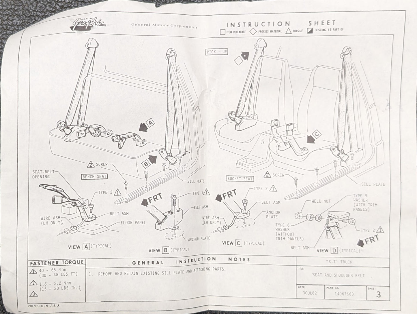 Black-and-white instruction sheet with diagrams, labeled parts, and step numbers for installing a General Motors NOS Passenger Seat Belt Retractor & Buckle in Blue for 1982-1993 Chevy S10 or GMC S15, showing assembly near the front seats.